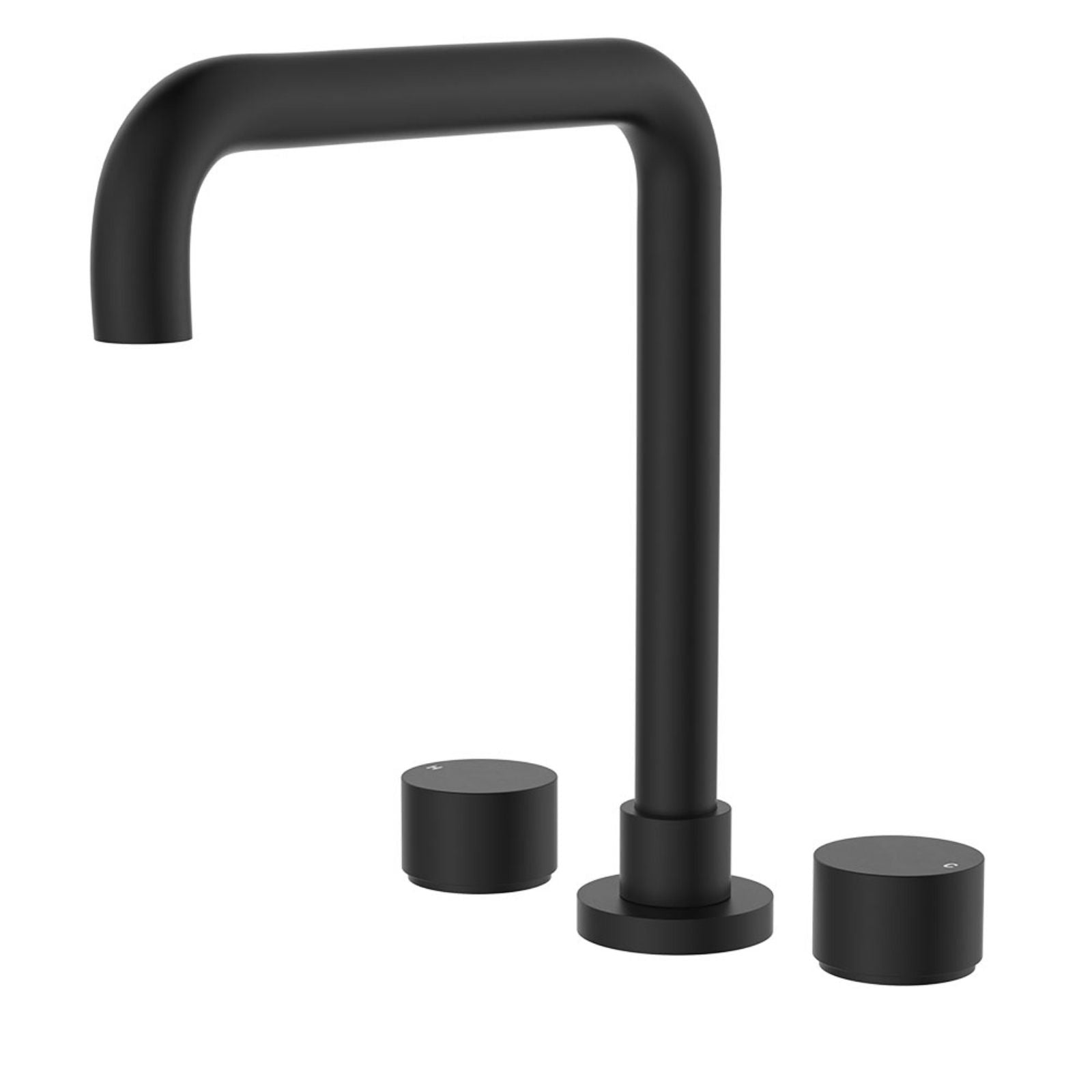 Fienza Kaya round taps squareline hob outlet set in matte black, shown front on with two tap handles and curved outlet
