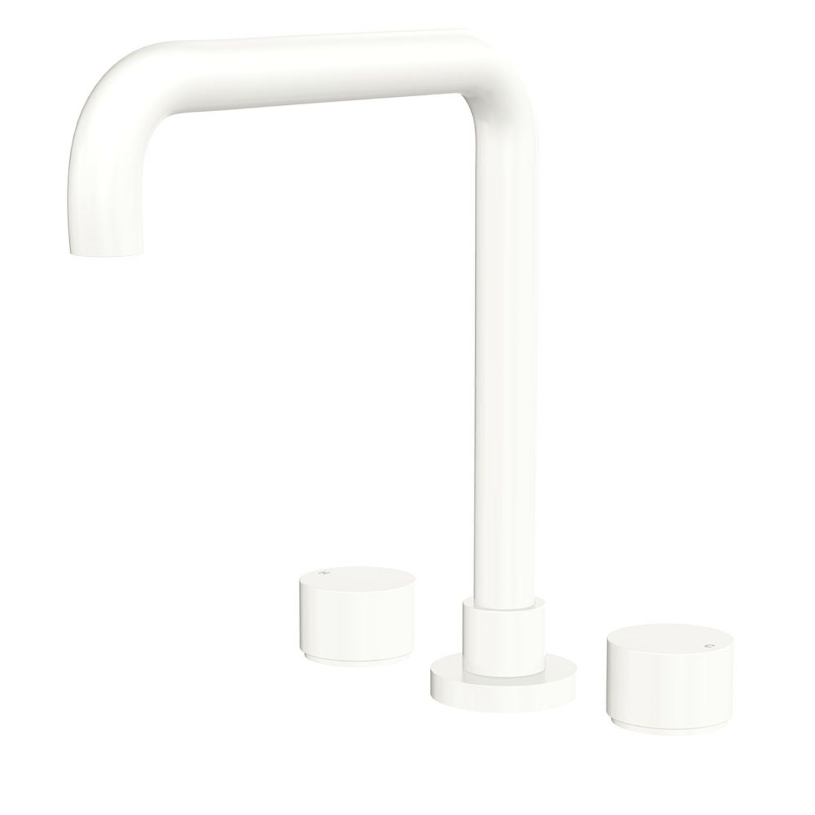 Fienza Kaya round hob outlet set in matte white, with squareline spout and two tap handles on white background