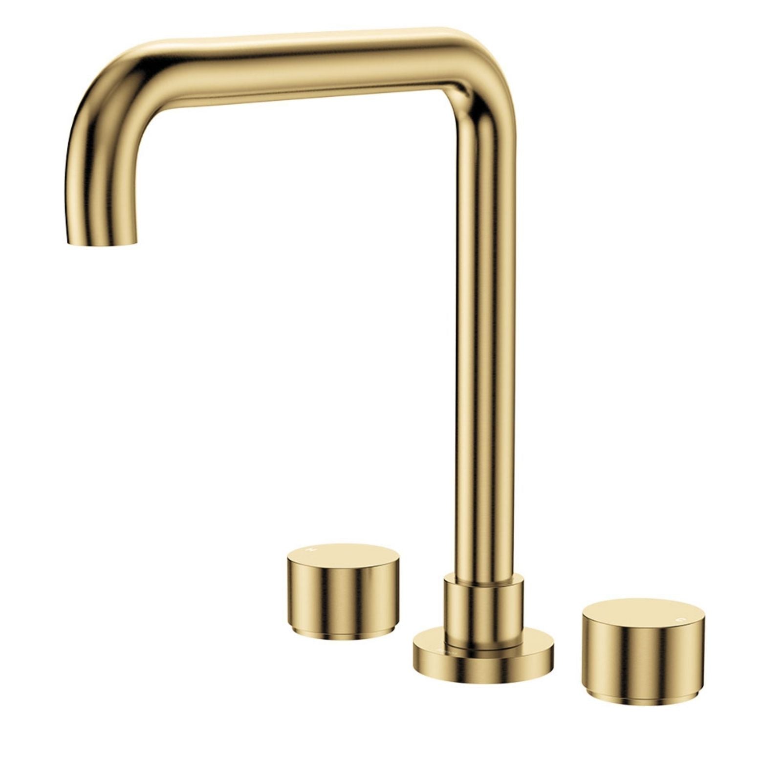 Fienza Kaya round taps squareline hob outlet set in urban brass, with U-shaped spout and two round handles on white background