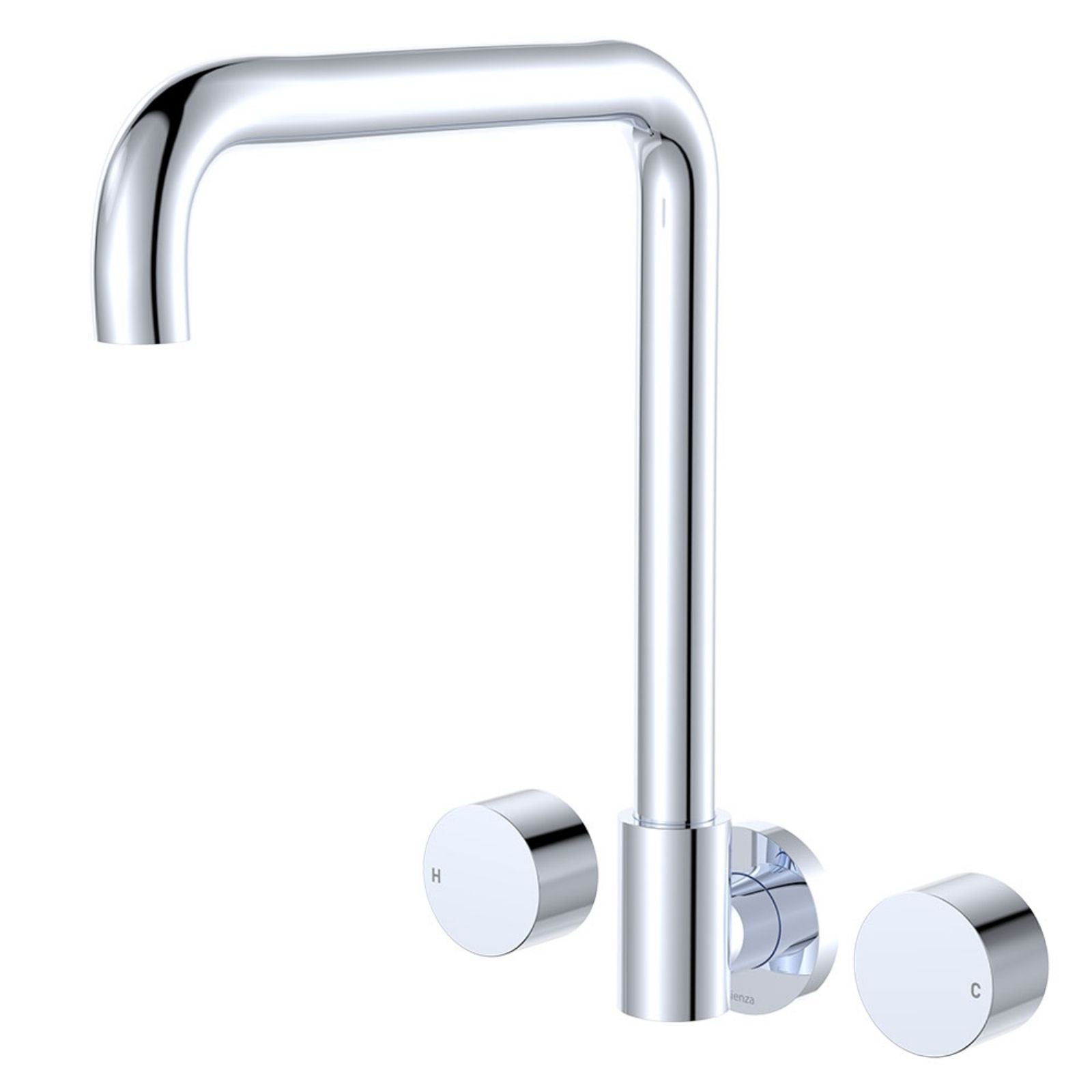 Fienza Kaya chrome wall outlet set with round hot and cold taps and squareline swivel spout, front view