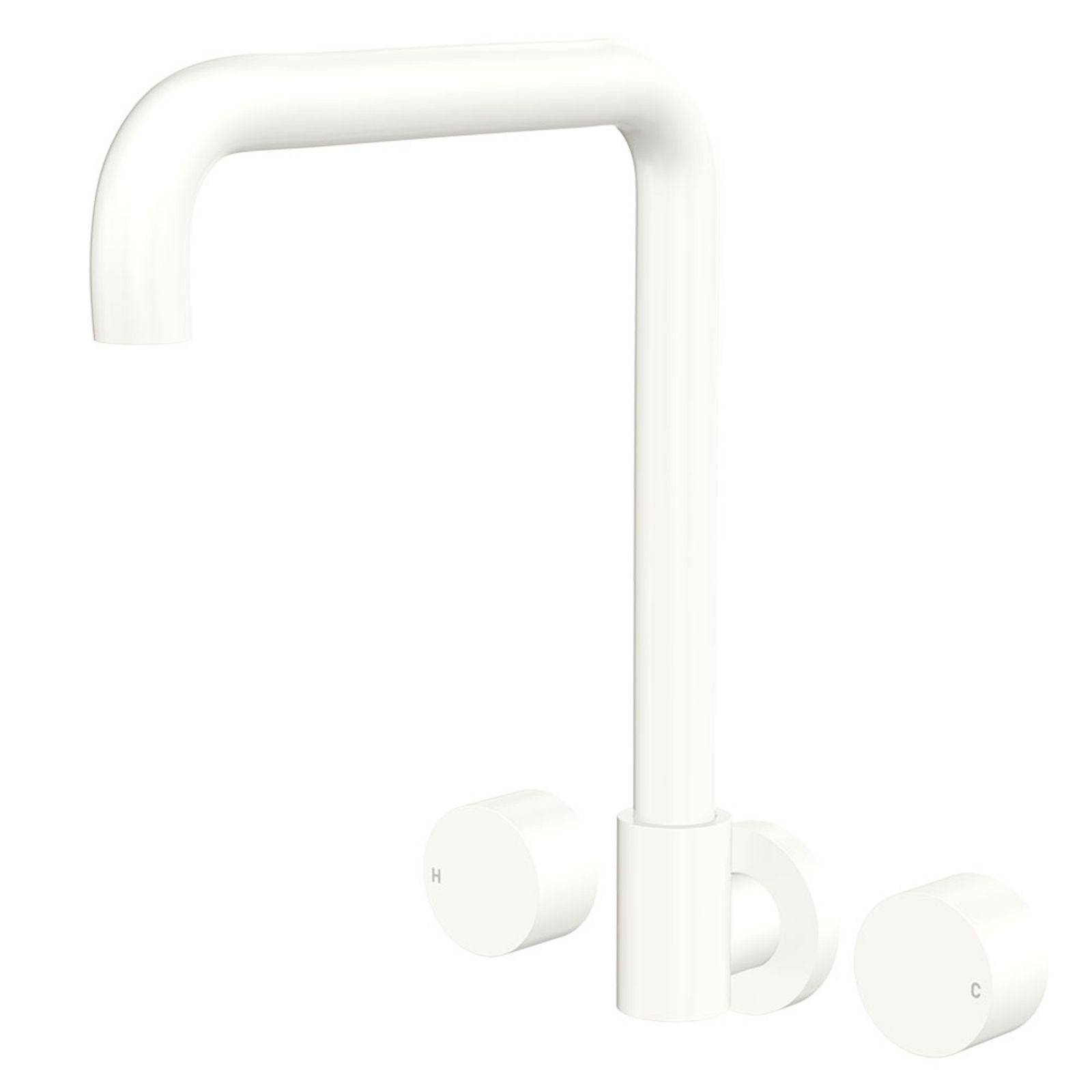 Fienza Kaya squareline wall outlet set in matte white, with round hot and cold taps and curved swivel spout on white background