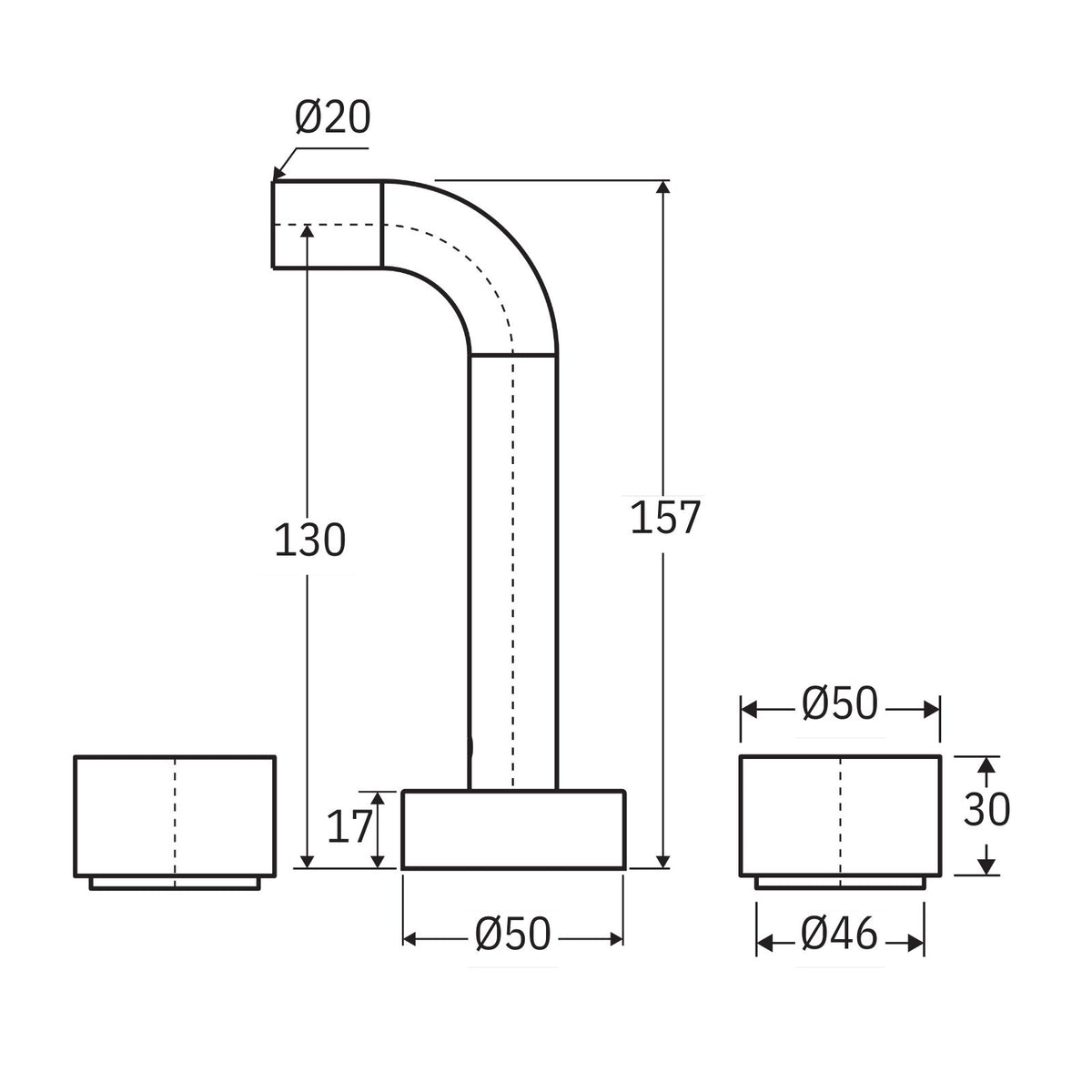Technical drawing of Fienza Kaya round wall basin/bath tap set in chrome, showing 130mm spout reach and Ø50mm plates