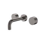 Fienza Kaya round wall basin/bath tap set in gun metal with curved outlet and two round wall taps, front view