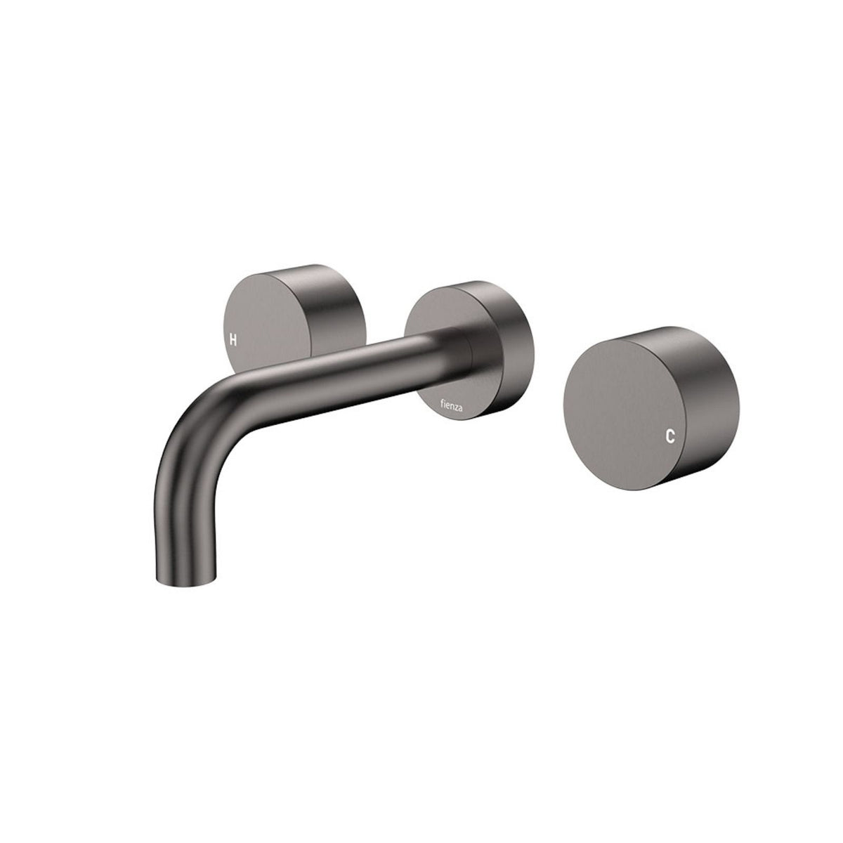 Fienza Kaya round wall basin/bath tap set in gun metal with curved outlet and two round wall taps, front view