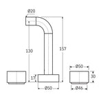 Technical drawing of Fienza Kaya round wall basin/bath spout, with 130mm reach and 157mm projection dimensions shown