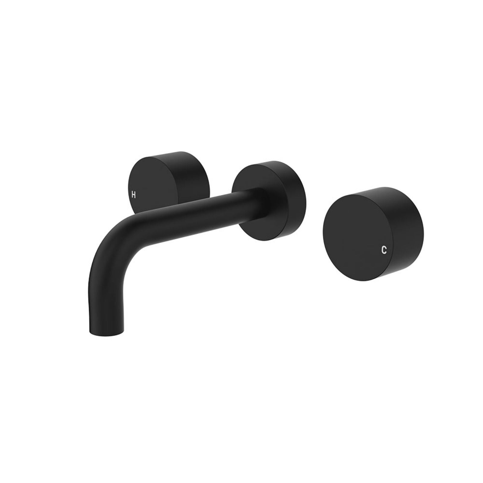 Fienza Kaya round wall basin/bath tap set in matte black, with 130mm outlet and round hot and cold handles