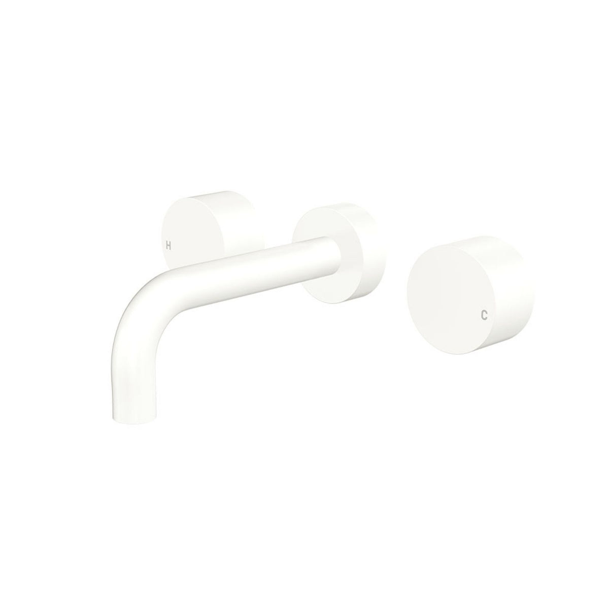 Fienza Kaya round wall basin/bath taps in matte white, with 130mm outlet and hot, cold and spout set