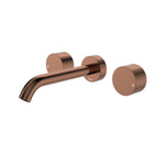 Fienza Kaya round wall basin/bath tap set in brushed copper, with spout and hot/cold taps on round plates
