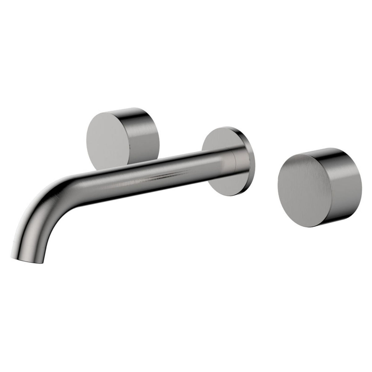 Fienza Kaya round wall-mounted basin/bath tap set in brushed nickel, with 180mm outlet and two round handles