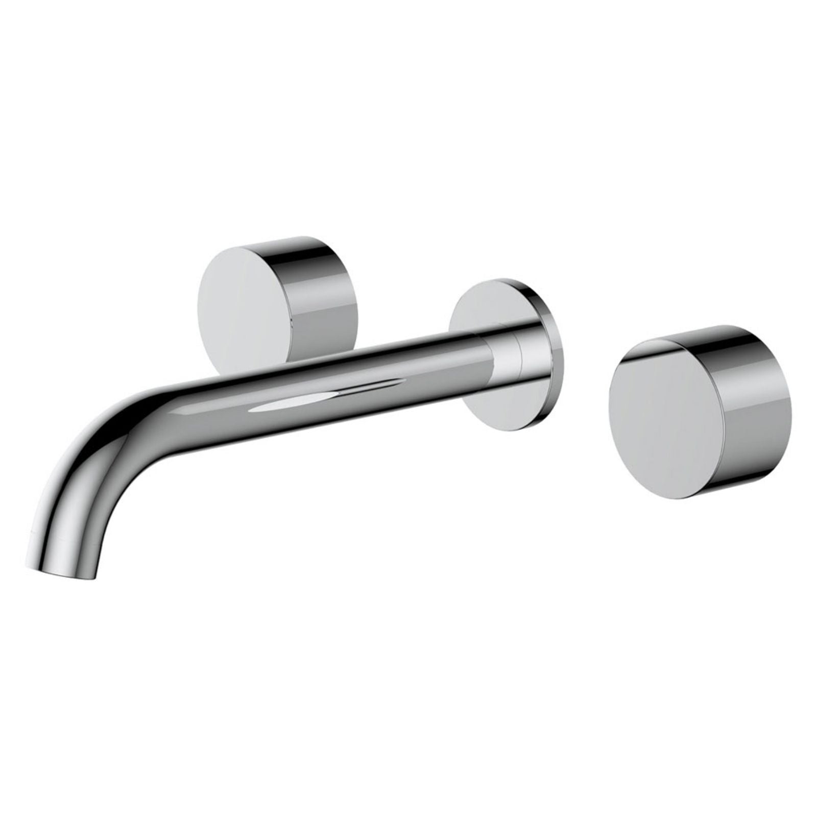 Fienza Kaya chrome wall-mounted basin/bath tap set with round hot and cold handles and curved spout