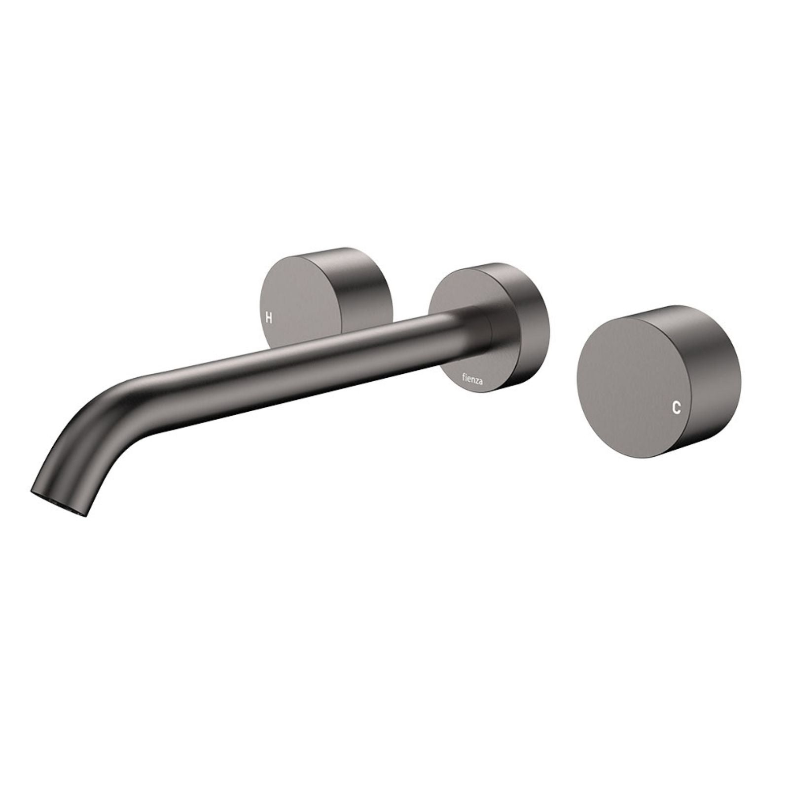 Fienza Kaya round wall basin/bath tap set in gun metal, with 220mm outlet and circular hot and cold controls