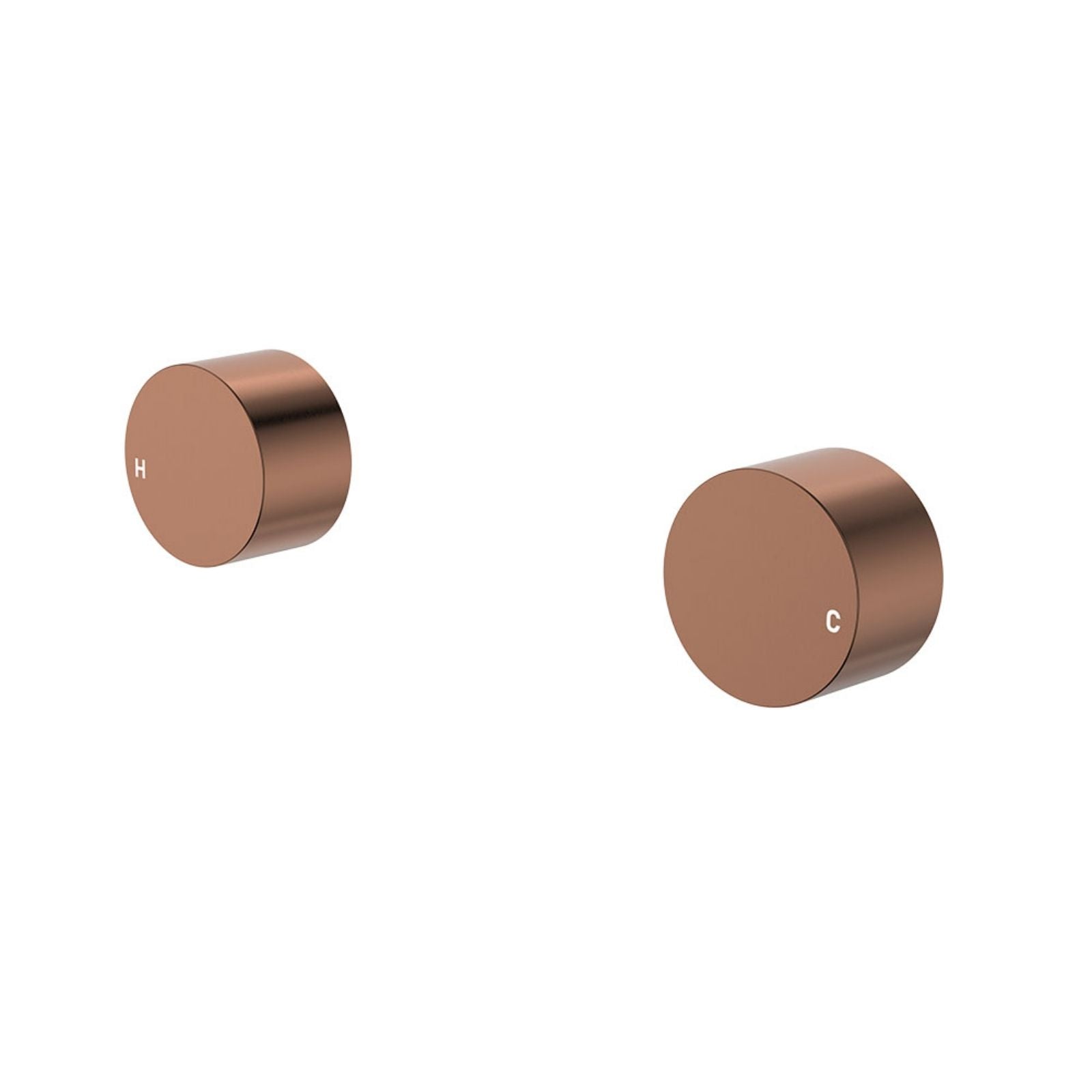 Fienza Kaya round wall taps in brushed copper, showing hot and cold wall top assemblies on white background