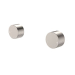 Fienza Kaya round wall taps in brushed nickel, showing hot and cold wall top assemblies on white background