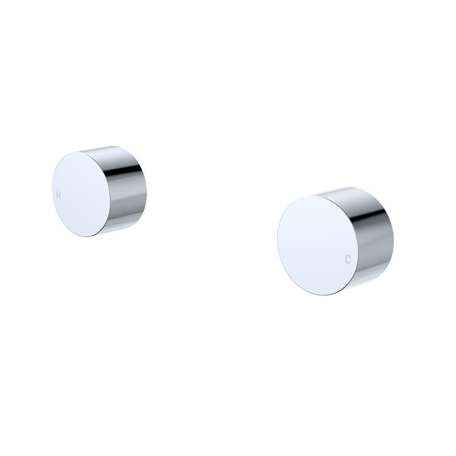 Fienza Kaya round wall taps in chrome, shown as two separate cylindrical hot and cold handles on white background