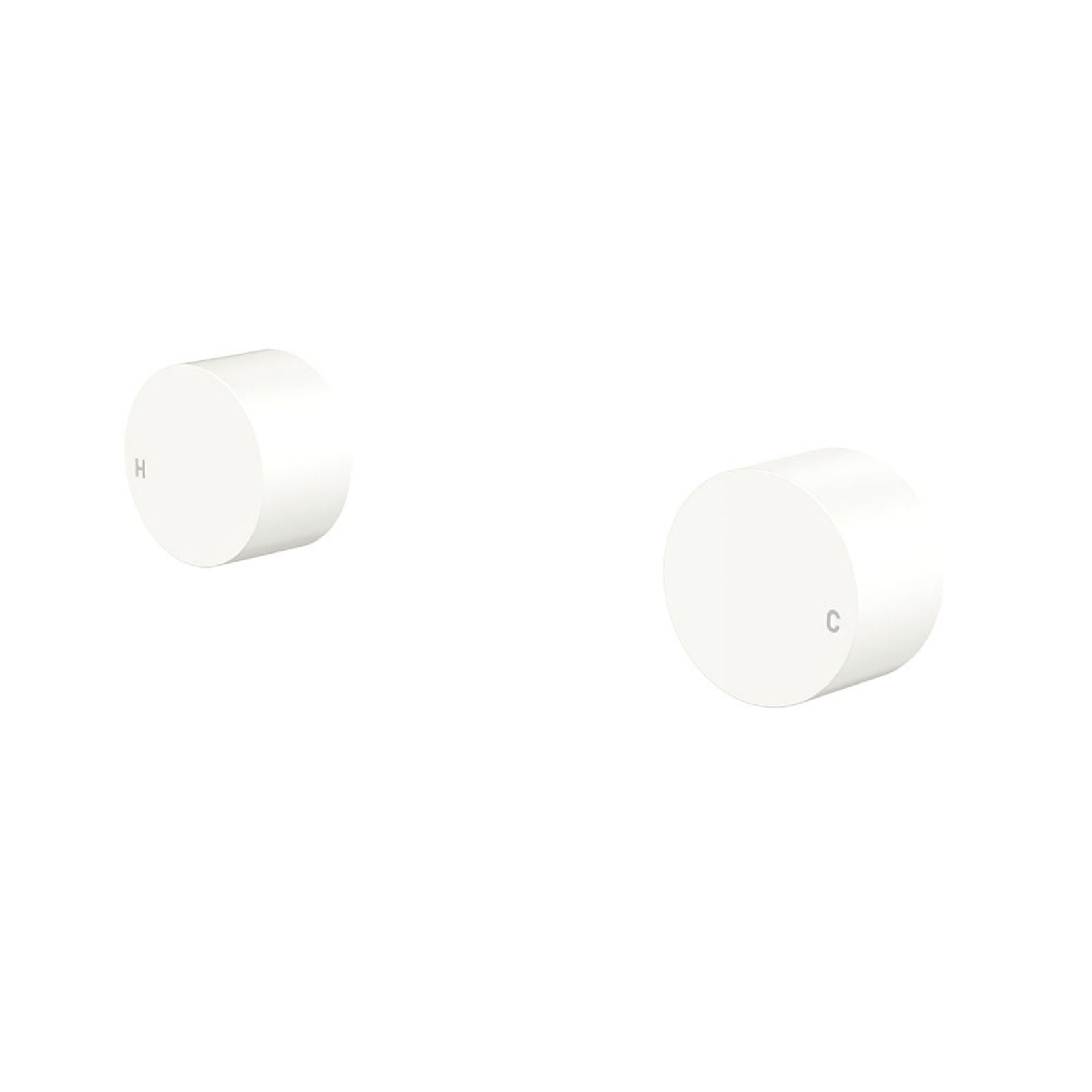 Fienza Kaya round wall taps in matte white, shown as a hot and cold pair on a white background