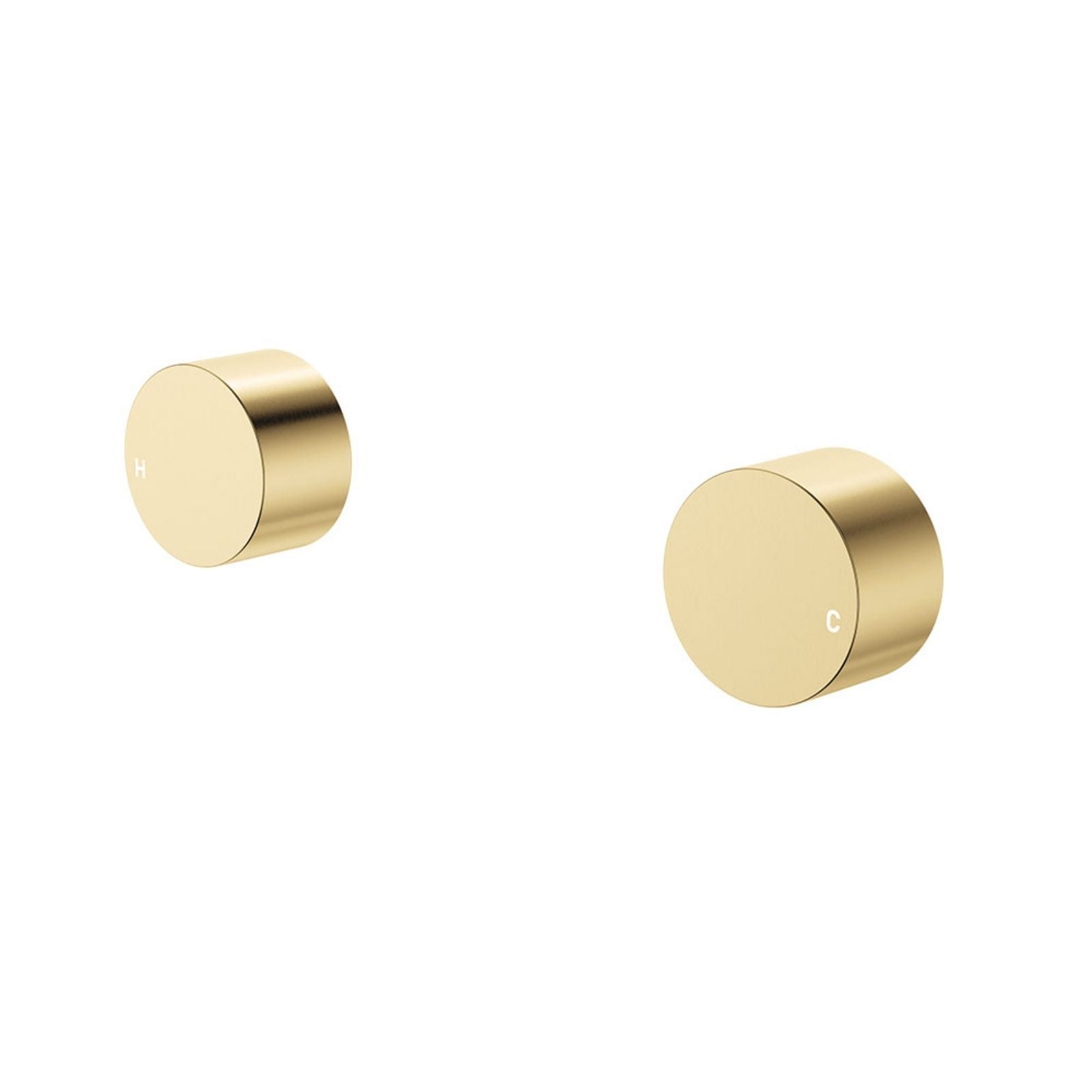 Fienza Kaya round wall taps in Urban Brass, pair of wall-mounted hot and cold tap knobs on white background