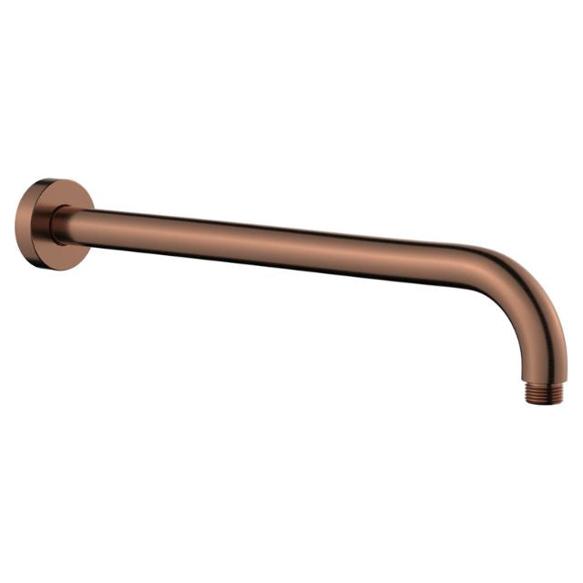 Fienza Kaya brushed copper shower arm with curved wall-mounted design and round flange on white background