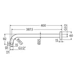 Fienza Kaya shower arm technical drawing in brushed nickel, showing curved 387.5mm wall-mounted arm and G1/2 fittings