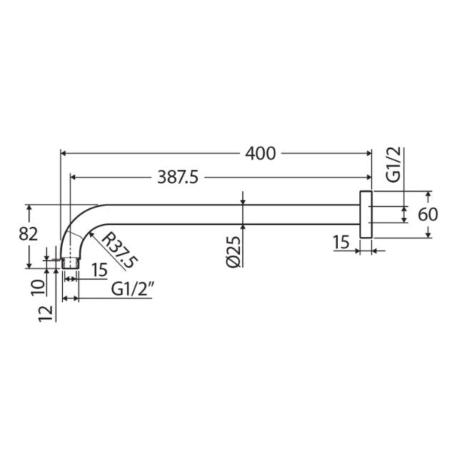 Fienza Kaya shower arm technical drawing in brushed nickel, showing curved 387.5mm wall-mounted arm and G1/2 fittings