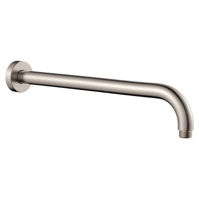 Fienza Kaya brushed nickel shower arm with wall flange, curved stainless steel wall-mounted arm view