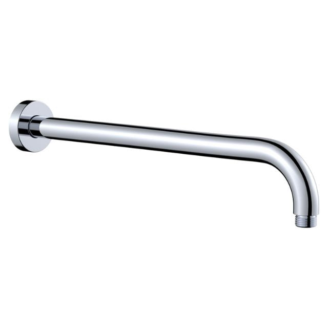 Fienza Kaya chrome shower arm with wall flange, curved stainless steel design