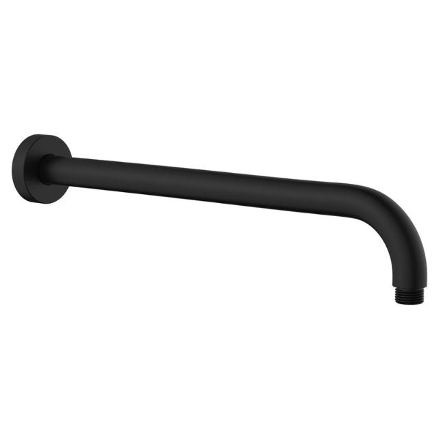 Fienza Kaya matte black shower arm with curved wall-mounted design and round flange