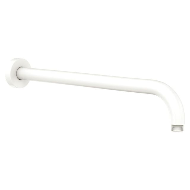 Fienza Kaya matte white shower arm with wall flange, curved stainless steel design