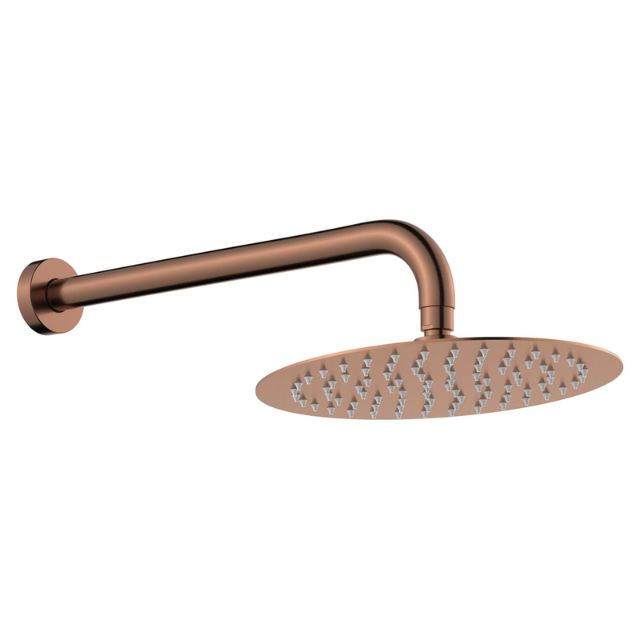 Fienza Kaya brushed copper wall shower arm set with round shower head and flange, side view