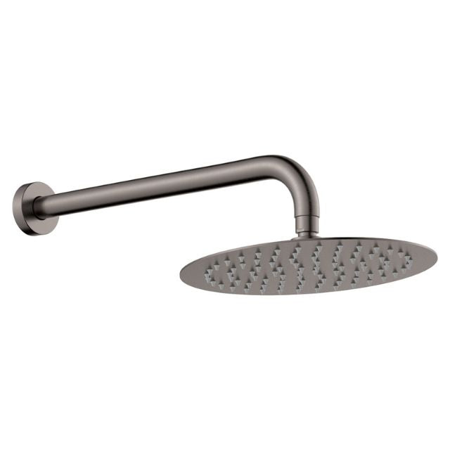 Fienza Kaya wall shower arm set in gun metal with round shower head and wall flange