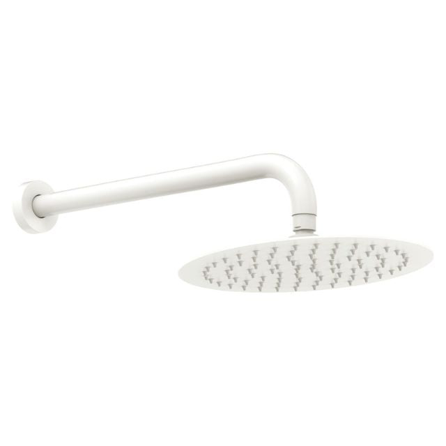 Fienza Kaya matte white wall shower arm set with round shower head and flange, side view
