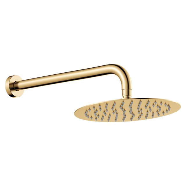 Fienza Kaya wall shower arm set in Urban Brass with round shower head and wall flange