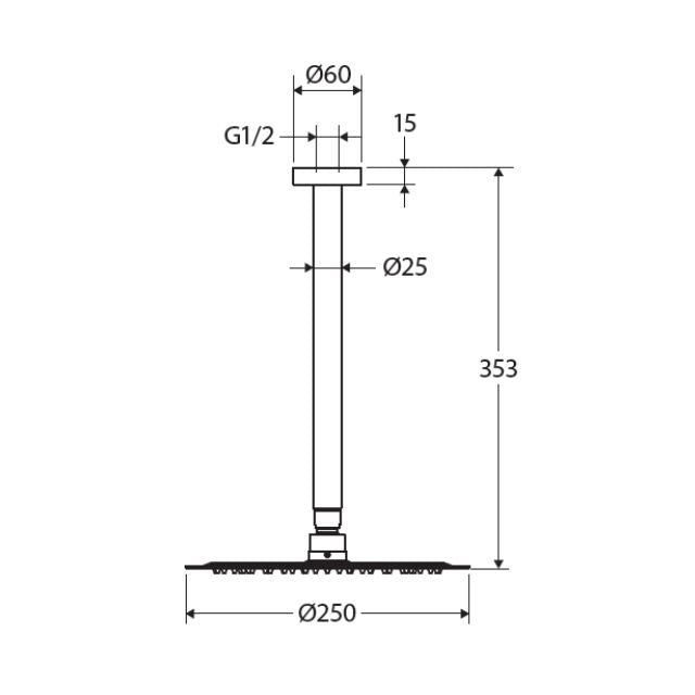 Technical drawing of Fienza Kaya ceiling dropper shower set, showing 353mm overall height and 250mm round head dimensions