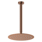 Fienza Kaya ceiling shower set in brushed copper with round overhead head and dropper arm on white background