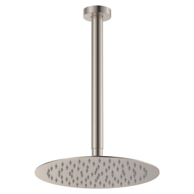 Fienza Kaya brushed nickel ceiling shower with slim round overhead head and long ceiling dropper arm on white background