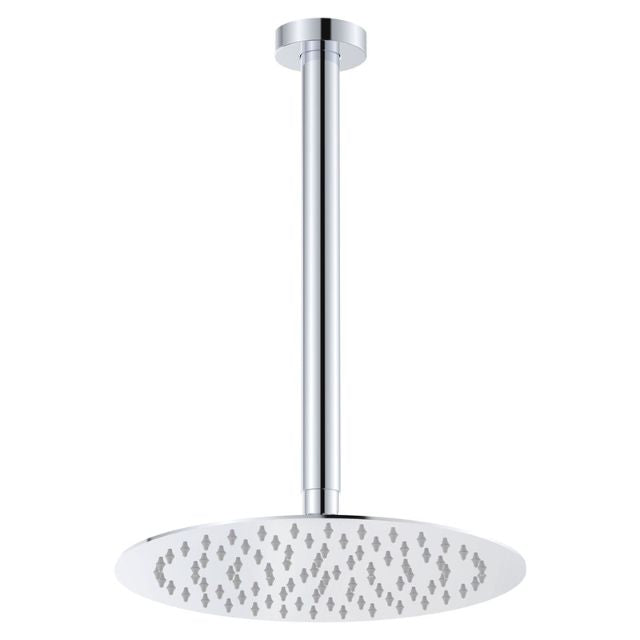 Fienza Kaya chrome ceiling shower head with long ceiling dropper arm and round slim overhead rose