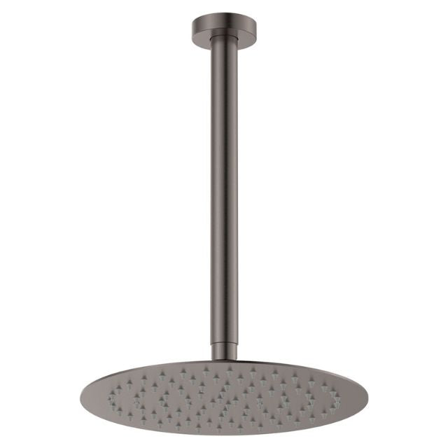 Fienza Kaya gun metal ceiling shower set with thin round overhead head and long ceiling dropper