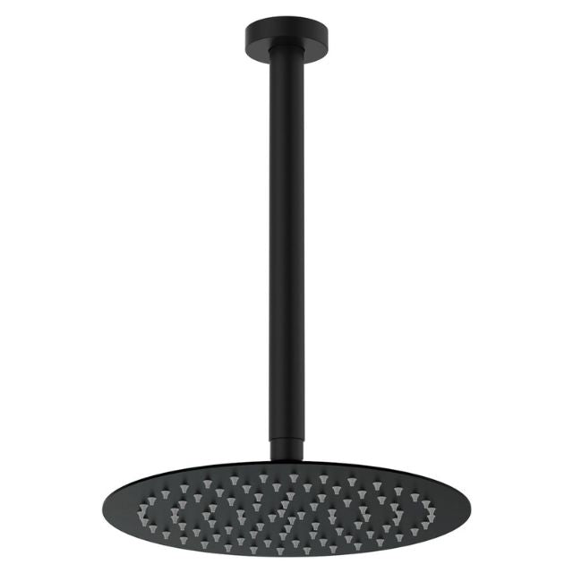 Fienza Kaya ceiling dropper shower set in matte black, with round overhead rain shower head