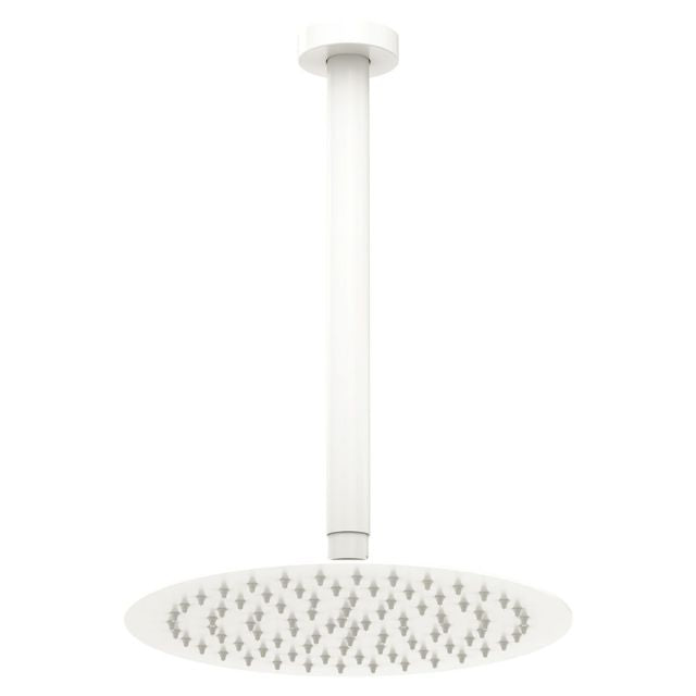 Fienza Kaya matte white ceiling-mounted shower set with round rain head and dropper arm