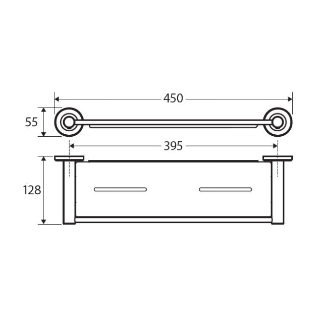 Fienza Kaya shower shelf technical drawing in brushed nickel, front view with dimensions 450 x 128mm and 395mm fixing distance