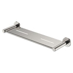 Fienza Kaya shower shelf in brushed nickel with wall mounts and drain slots, shown on white background