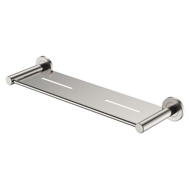 Fienza Kaya shower shelf in brushed nickel with wall mounts and drain slots, shown on white background