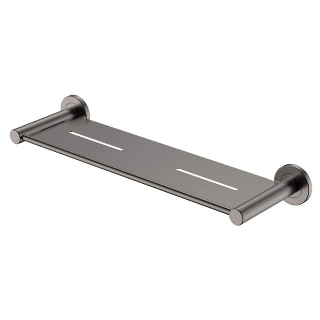 Fienza Kaya gun metal shower shelf with concealed wall mounts and drain slots, angled product view on white background
