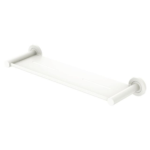 Fienza Kaya matte white shower shelf with concealed wall mounts and round covers, angled front view