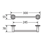 Technical drawing of Fienza Kaya single hand towel rail, showing 300mm length, 245mm fixing centres and 78mm depth.