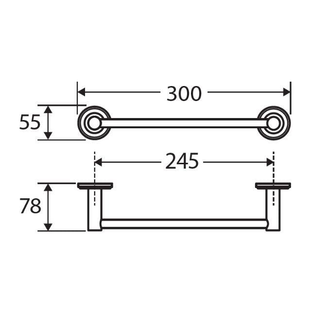 Technical drawing of Fienza Kaya single hand towel rail, showing 300mm length, 245mm fixing centres and 78mm depth.
