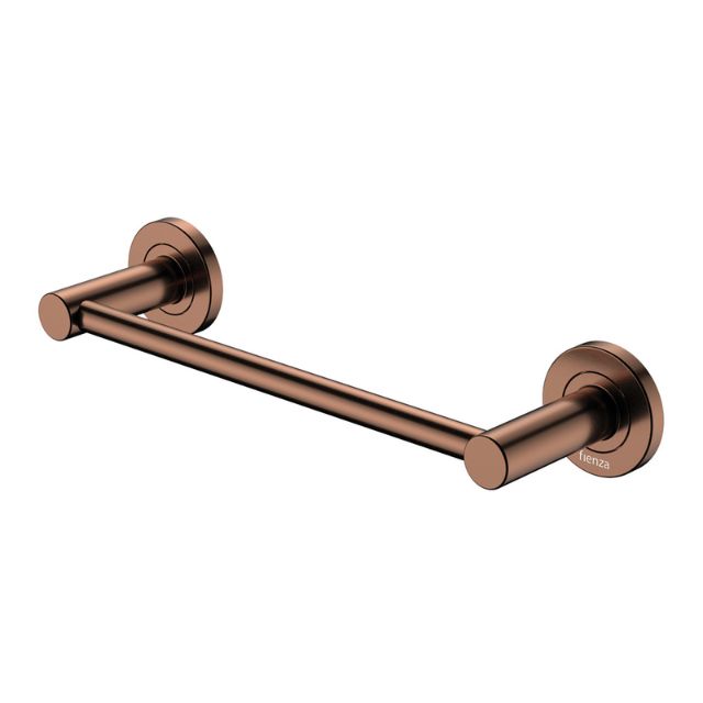 Fienza Kaya single hand towel rail, 300mm, brushed copper with round wall plates and hidden fixings