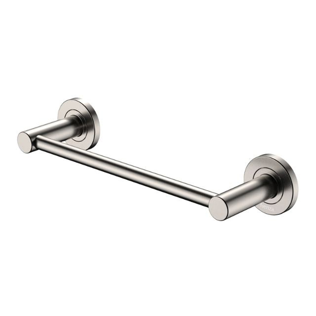Fienza Kaya 300mm hand towel rail in brushed nickel, with round wall plates and concealed fixings