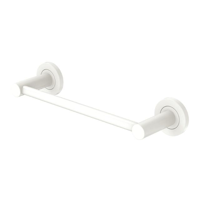 Fienza Kaya 300mm hand towel rail in matte white, with round wall mounts and a slim bar.