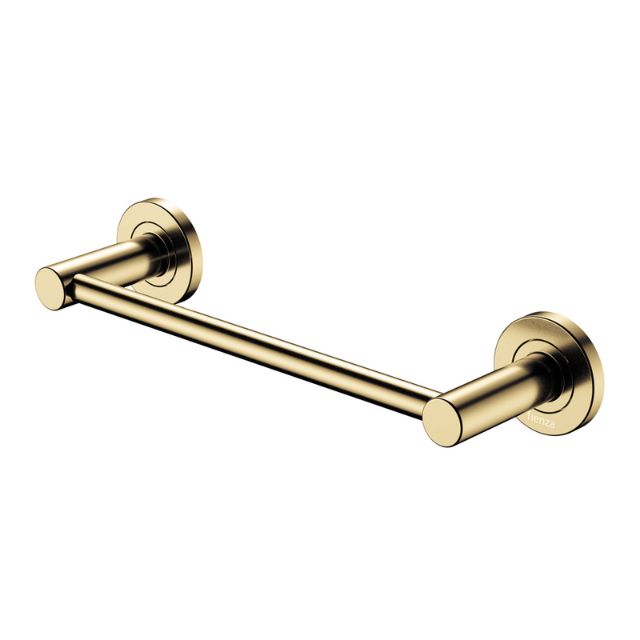 Fienza Kaya 300mm hand towel rail in urban brass, with round wall mounts and slim straight bar on white background