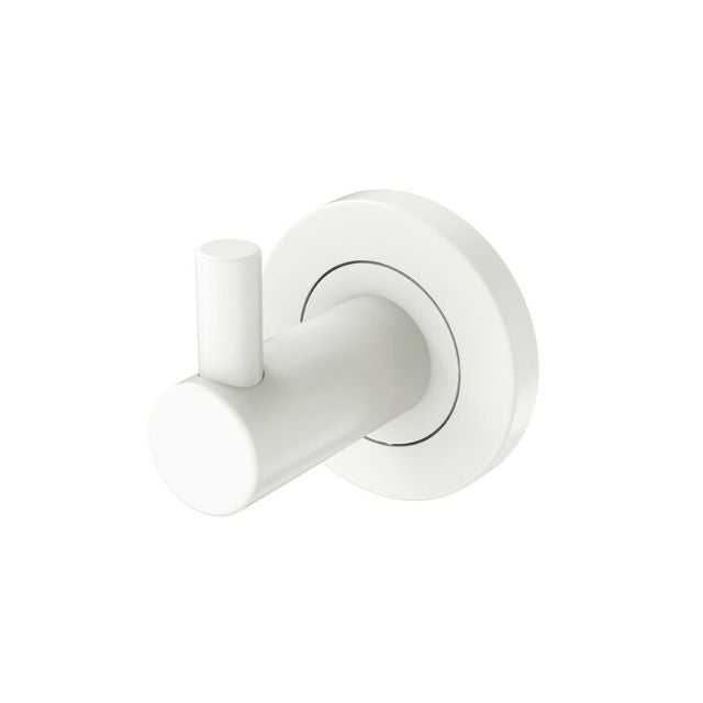 Fienza Kaya single robe hook in matte white with round wall plate and concealed fixings